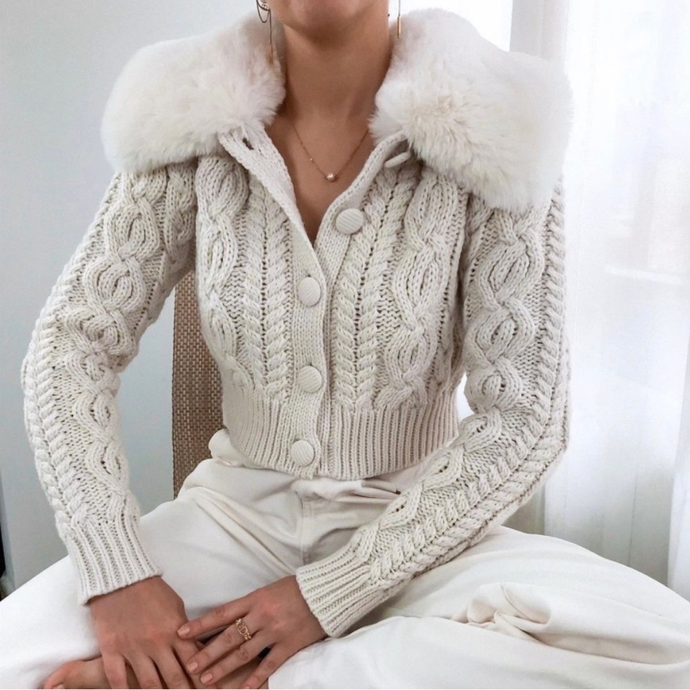 Cream Faux Fur Collar Cable Knit Cardigan